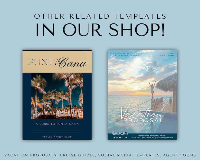 May include: Two travel brochure templates. The first is a blue and gold brochure with the text "Punta Cana" and "A Guide to Punta Cana". The second is a blue and white brochure with the text "Vacation Proposal" and "A Proposal by Your Travel Company".