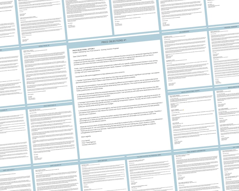 May include: A blue and white document with the title "Price Objections #1" and a section titled "Price Objections Option 1". The document outlines strategies for addressing customer price objections, including offering alternative accommodations, adjusting travel dates, and promoting value-added services.