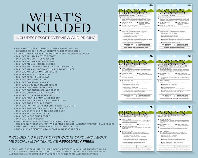 May include: A colorful brochure with the text "What's Included" and a list of Disney resorts in Florida. The brochure includes resort overview and pricing information.