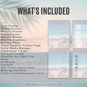 May include: A printable planner set for travel agents, featuring a tropical beach theme. The set includes a daily, weekly, monthly, and yearly planner, as well as a budget tracker, expense tracker, goal tracker, contact page, social media manager, and client trip checklist.