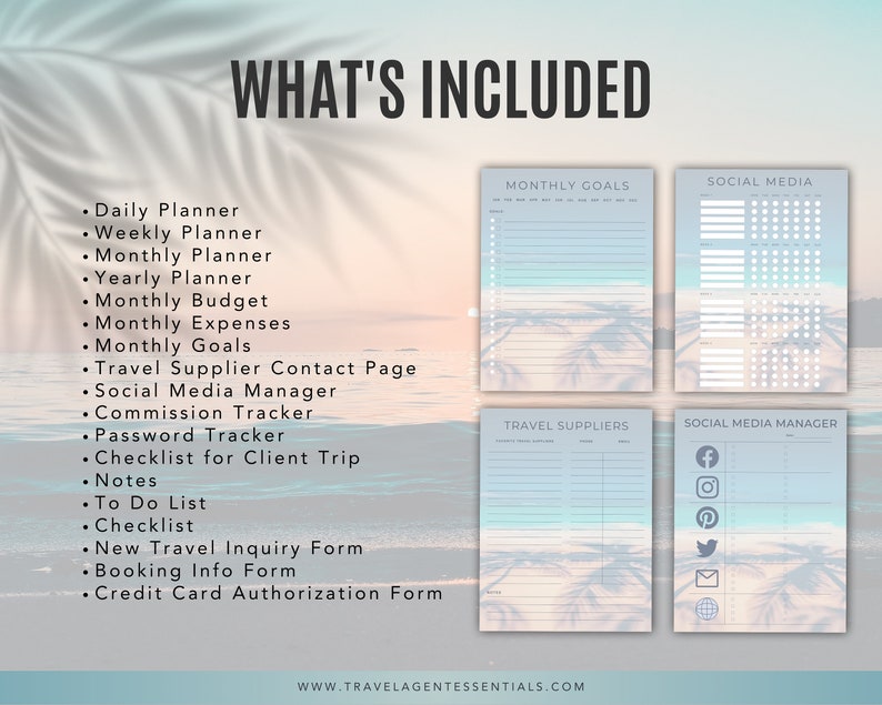 May include: A printable planner set for travel agents, featuring a tropical beach theme. The set includes a daily, weekly, monthly, and yearly planner, as well as a budget tracker, expense tracker, goal tracker, contact page, social media manager, and client trip checklist.