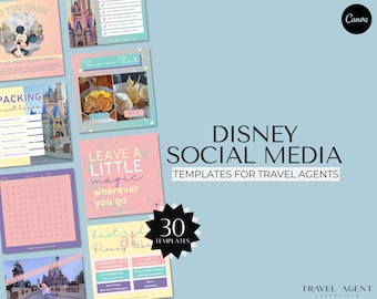 Könnte beinhalten: Ein Set mit 30 Social-Media-Vorlagen für Reisebüros mit einem pastellfarbenen Design in Rosa, Blau und Gelb und Disney-Motiven. Die Vorlagen enthalten Texte wie "Hinterlasse ein bisschen Magie, wo immer du hingehst" und "Die besten Fahrgeschäfte in Disney World".