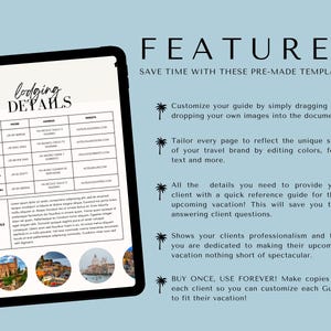 May include: A digital planner template for travel agents. The template includes a lodging details section with a table for hotel name, phone number, address, and website. The template also includes a section for other details. The template is designed to help travel agents create professional and informative travel guides for their clients.