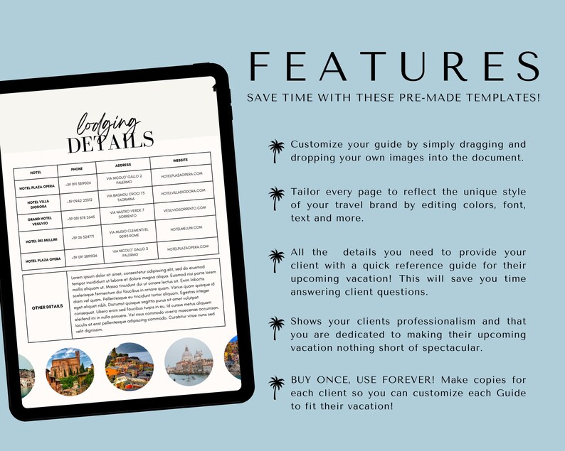 May include: A digital planner template for travel agents. The template includes a lodging details section with a table for hotel name, phone number, address, and website. The template also includes a section for other details. The template is designed to help travel agents create professional and informative travel guides for their clients.