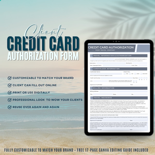 Credit Card Authorization Form, Travel Agent Client Forms, Canva Travel Templates, Travel Agency Business Forms, Editable Templates