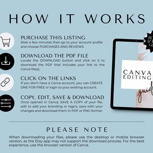 May include: A digital illustration of a tablet screen showing a Canva editing guide. The guide is titled "Canva Editing Guide" and is on a pink and white background. The text on the screen explains how to purchase, download, edit, and save Canva files. The image also includes a bonus 17-page guide.