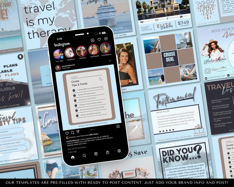 Social Media Templates, Cruise Instagram Templates, Travel Agent Social Media Posts, Canva Cruise Templates, Travel Business Templates image 3