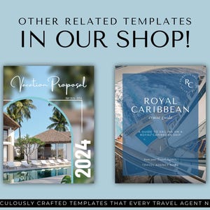 May include: Two travel brochure templates. The first template is a vacation proposal with a photo of a tropical resort pool and the text "Vacation Proposal" and "2024". The second template is a cruise guide for Royal Caribbean with a photo of a cruise ship and the text "Royal Caribbean Cruise Guide" and "A Guide to Sailing on a Royal Caribbean Ship".