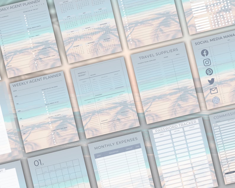 May include: A set of printable planner pages with a tropical beach theme. The pages include a daily agent planner, weekly agent planner, monthly budget, travel suppliers, social media management, password tracker, commission tracker, and monthly expenses.