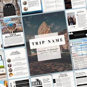 May include: A printable travel itinerary template with the title "Trip Name" and the text "Travel Itinerary July 13 - 19, 2024". The template includes sections for packing list, itinerary summary, and a daily itinerary.