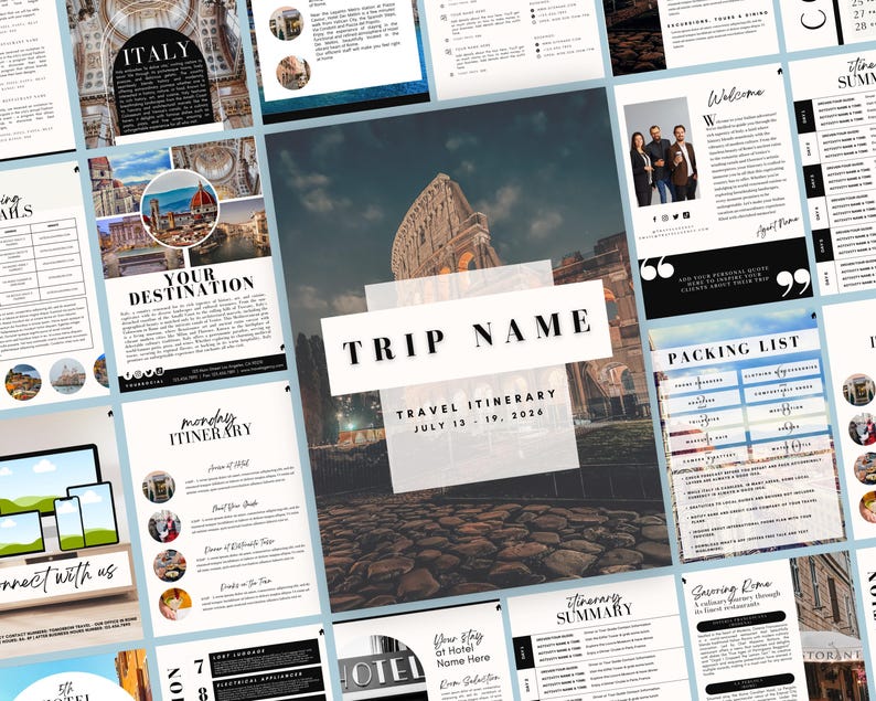 May include: A printable travel itinerary template with the title "Trip Name" and the text "Travel Itinerary July 13 - 19, 2024". The template includes sections for packing list, itinerary summary, and a daily itinerary.
