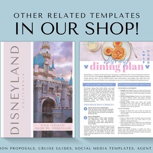 May include: A pink and white printable guide to planning a Disney trip to Disneyland California. The guide includes a dining plan with two delicious choices: Disney Quick Service Dining Plan and Disney Dining Plan. The guide also includes information on the Disney Dining Plan, including the benefits and value of the plan.