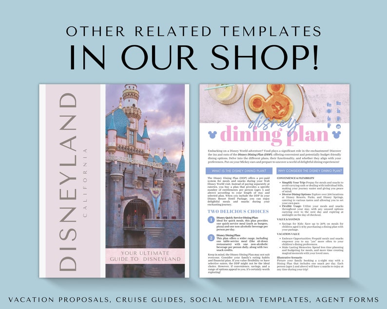 May include: A pink and white printable guide to planning a Disney trip to Disneyland California. The guide includes a dining plan with two delicious choices: Disney Quick Service Dining Plan and Disney Dining Plan. The guide also includes information on the Disney Dining Plan, including the benefits and value of the plan.