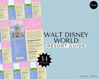 May include: A pink and blue graphic design for a Walt Disney World Resort Guide. The guide features a 34-page booklet with a starburst design and the text "34 Pages". The image also includes a stylized illustration of Cinderella's Castle.