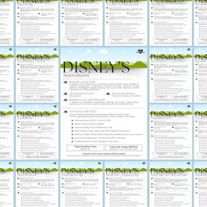 May include: A brochure with a green and white color scheme advertising Disney Resorts. The brochure lists different resorts, including Riviera Resort, Coronado Springs Resort, and BoardWalk Villas. The brochure includes information about resort amenities, transportation, and dining options.
