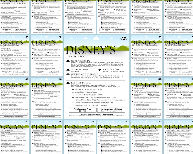 May include: A brochure with a green and white color scheme advertising Disney Resorts. The brochure lists different resorts, including Riviera Resort, Coronado Springs Resort, and BoardWalk Villas. The brochure includes information about resort amenities, transportation, and dining options.