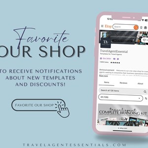 May include: A pink smartphone screen displaying an Etsy shop for travel agents called "TravelAgentEssential". The shop has 2,093 sales and is a "Star Seller". The shop's announcement reads "Welcome to our one-stop shop for travel agents seeking to streamline their business operations."