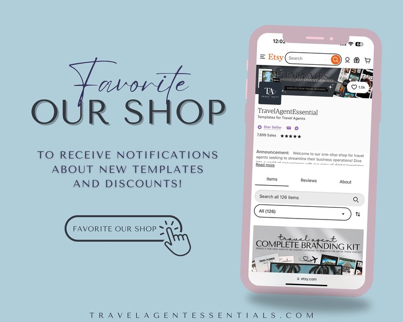 May include: A pink smartphone screen displaying an Etsy shop for travel agents called "TravelAgentEssential". The shop has 2,093 sales and is a "Star Seller". The shop's announcement reads "Welcome to our one-stop shop for travel agents seeking to streamline their business operations."