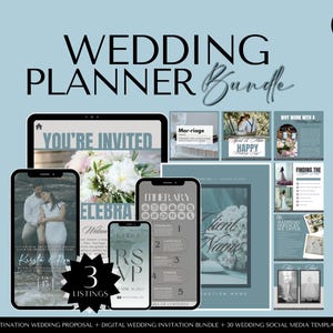 Op de afbeelding: Een digitale bruiloftplannerbundel met een lichtblauwe achtergrond. De bundel bevat een tablet en drie smartphones met sjablonen met betrekking tot bruiloften. Tekst bevat "Wedding Planner Bundle", "You're Invited" en "RSVP".