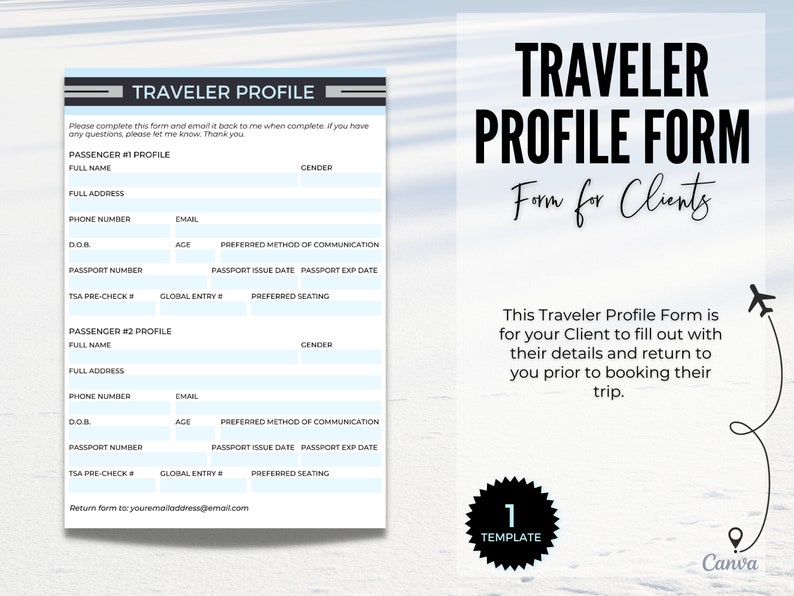 Travel Agent Traveler Profile Form Travel Agent Forms Travel - Etsy