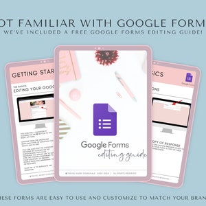 May include: A pink and white digital tablet displaying a Google Forms editing guide. The guide includes instructions on how to edit your Google Forms, including adding questions, choosing question types, and editing responses. The guide also includes a section on how to copy responses.