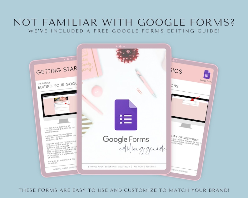 May include: A pink and white digital tablet displaying a Google Forms editing guide. The guide includes instructions on how to edit your Google Forms, including adding questions, choosing question types, and editing responses. The guide also includes a section on how to copy responses.