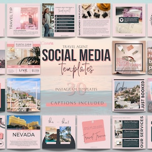 Social Media Flyer Templates with Captions, Travel Agent Interactive Pink Instagram Posts, Canva Travel Agent Templates, Social Media Posts