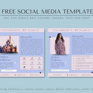 May include: Two social media templates for a Disney travel specialist. The templates feature a pink and blue color scheme with a castle illustration and a photo of a woman. The text on the templates reads "You dream it, we plan it!" and includes the name "Jessica Smithson" and the title "Disney Travel Specialist".