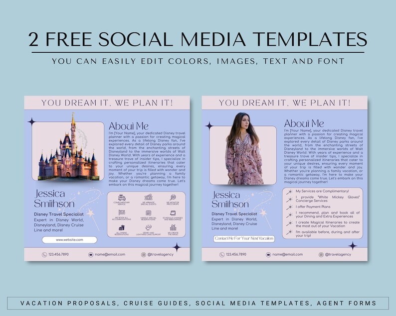 May include: Two social media templates for a Disney travel specialist. The templates feature a pink and blue color scheme with a castle illustration and a photo of a woman. The text on the templates reads "You dream it, we plan it!" and includes the name "Jessica Smithson" and the title "Disney Travel Specialist".
