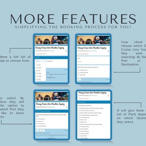 K&ouml;nnte beinhalten: Vier Screenshots eines Disney Cruise Line Vacation Inquiry-Formulars. Das Formular erm&ouml;glicht es Benutzern, eine Kreuzfahrt nach Schiff, Hafen oder Zielort auszuw&auml;hlen. Das Formular enth&auml;lt ein Dropdown-Men&uuml; zur Auswahl eines Schiffes, eine Liste von H&auml;fen und eine Liste von Zielen.