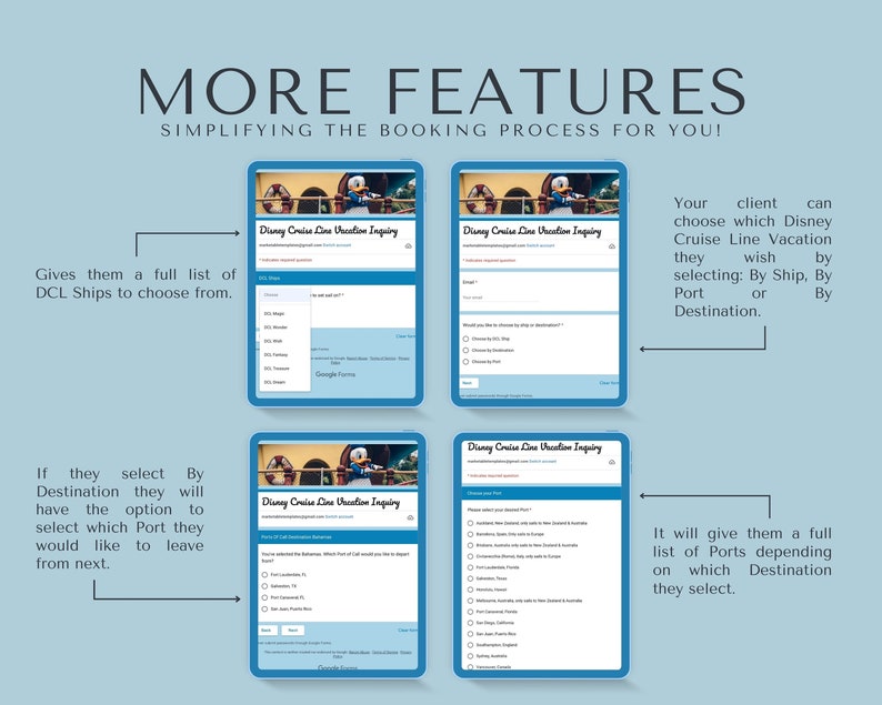 K&ouml;nnte beinhalten: Vier Screenshots eines Disney Cruise Line Vacation Inquiry-Formulars. Das Formular erm&ouml;glicht es Benutzern, eine Kreuzfahrt nach Schiff, Hafen oder Zielort auszuw&auml;hlen. Das Formular enth&auml;lt ein Dropdown-Men&uuml; zur Auswahl eines Schiffes, eine Liste von H&auml;fen und eine Liste von Zielen.