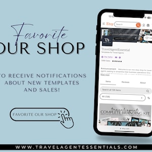 May include: A screenshot of an Etsy shop page for TravelAgentEssential, a shop selling templates for travel agents. The shop has 2,809 sales and a 5-star rating. The shop's announcement reads "Welcome to our one-stop shop for travel agents seeking to streamline their business operations. Dive in and explore!" The shop's homepage features a "Travel Agent Complete Branding Kit" with a photo of a travel agent's business card, a laptop, and a passport.