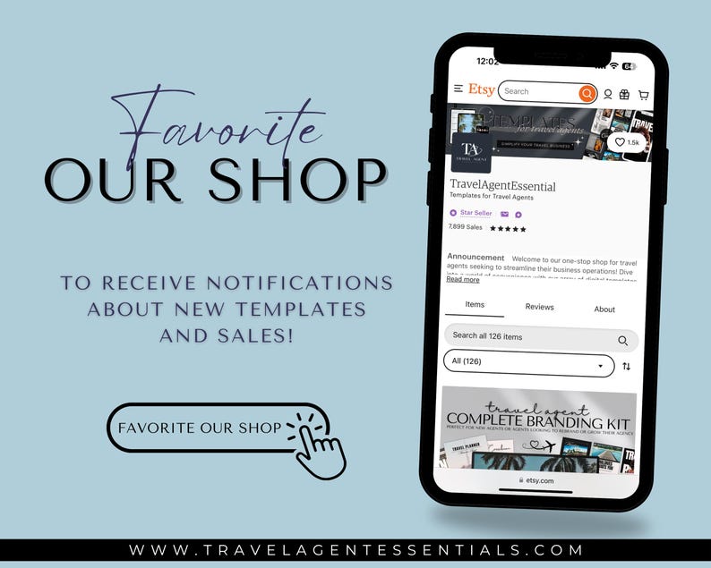 May include: A screenshot of an Etsy shop page for TravelAgentEssential, a shop selling templates for travel agents. The shop has 2,809 sales and a 5-star rating. The shop's announcement reads "Welcome to our one-stop shop for travel agents seeking to streamline their business operations. Dive in and explore!" The shop's homepage features a "Travel Agent Complete Branding Kit" with a photo of a travel agent's business card, a laptop, and a passport.