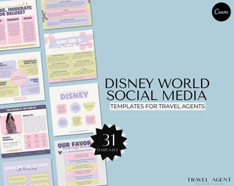 Puede incluir: Una colección de 31 plantillas de redes sociales para agentes de viajes, con un fondo azul pastel y un diseño de estrella rosa y amarilla. Las plantillas están diseñadas para ayudar a los agentes de viajes a promocionar las vacaciones en Disney World.