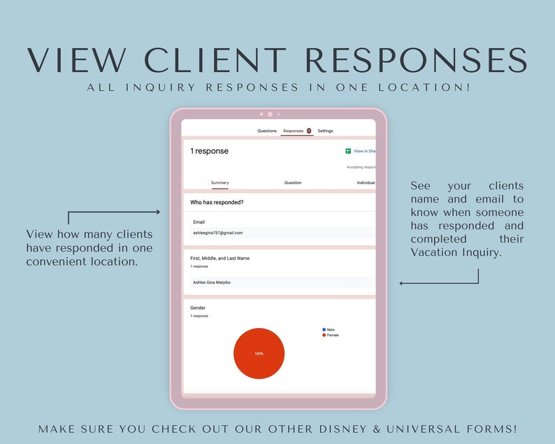 May include: A screenshot of a computer screen showing a form with the title "View Client Responses". The form shows a summary of responses to a vacation inquiry, including the email address, first and last name, and gender of the respondent. The form also includes a pie chart showing the gender distribution of respondents.