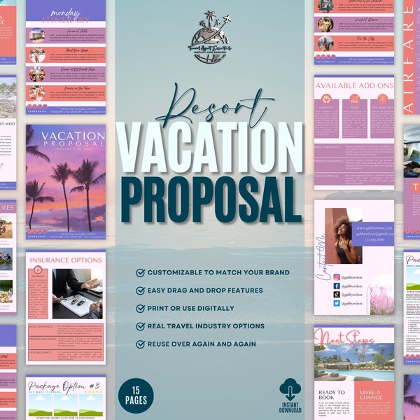 Travel Agent Vacation Proposal Template, Resort Proposal, Travel Agent Proposal, Canva Template, Travel Business, Client Trip Proposal