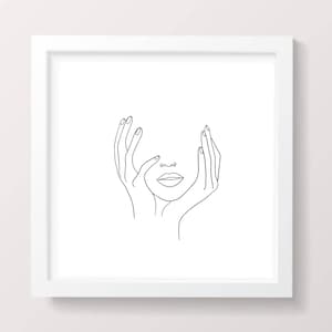 Minimalist Face Line Drawing Print, Woman Abstract Art, Hands on Face One Line Modern Home Decor