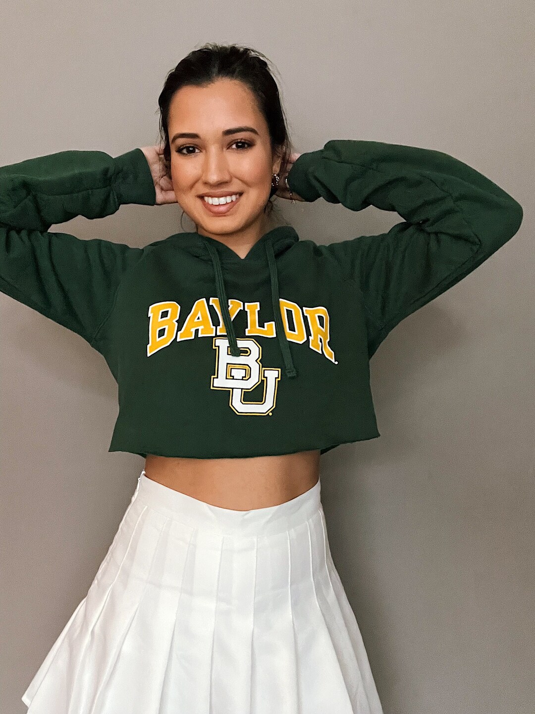 Blue84 NCAA Baylor Bears Women's Vintage Crop Hoodie - Forest Green, Large, Distressed Graphic, Soft Fleece - View #6