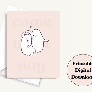Tarjeta de felicitación de fantasmas bailando imprimible, tarjeta del día de San Valentín, tarjeta linda digital, tarjeta de aniversario 4x5, sobre imprimible. Descarga digital.