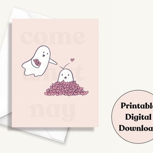 Tarjeta de felicitación Ghost Love Pile imprimible, tarjeta del día de San Valentín, tarjeta de aniversario linda digital 4x5, sobre imprimible. Descarga digital.