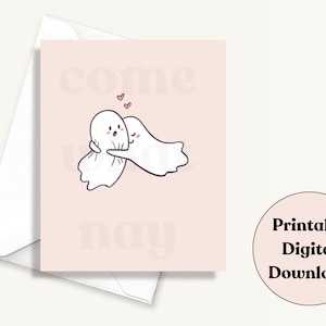 Tarjeta de felicitación de fantasmas abrazados imprimible, tarjeta del día de San Valentín, tarjeta linda digital, tarjeta de aniversario 4x5, sobre imprimible. Descarga digital.