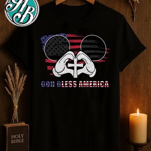 God Bless America T-Shirt | Christian Mickey USA Flag Shirt | Patriotic Jesus Shirt | 4th of July Faith Shirt | Religious Gift for Him Her