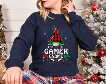 Gamer Gnome Buffalo Plaid Matching Family Christmas Pajama Sweatshirt
