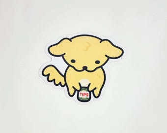 May include: A yellow cartoon dog holding a green and white jar with the word "TIPS" in red letters on the front.