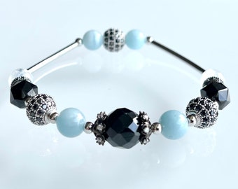 Natural Gemstones Bracelet. Black Spinel, Moonstone and Aquamarine. Unique. Handmade. Free Shipping