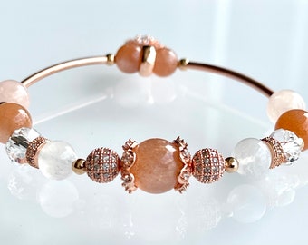 Natural Gemstones Bracelet. Sunstone, Moonstone, Clear Quartz, Morganite. Unique. Handmade. Free Shipping