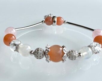 Natural Gemstones Bracelet. Sunstone, Moonstone, Clear Quartz, Morganite. Unique. Handmade. Free Shipping