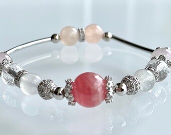 Natural Gemstones Bracelet. Rhodochrosite, Moonstone, Clear Quartz, Rose Quartz, Morganite. Handmade. Free Shipping