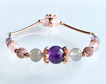 Natural Gemstones Bracelet with Floral Charm. Amethyst, Labradorite, Rose Quartz, Clear Quartz and Swarovski Crystals. Unique. Free Shipping