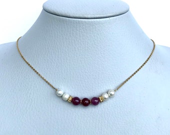 Dainty Ruby Pearl Necklace. 14K Gold Filled/Sterling Silver/Stainless Steel Chain. Handmade. Bridesmaid Gift. Daily Wear. Free Shipping